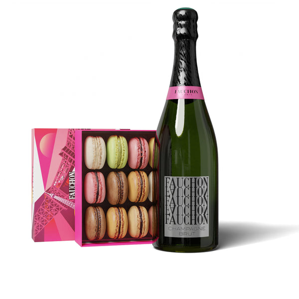 DUO BOITE DE 12 MACARONS DECOR PARIS ET CHAMPAGNE BRUT FAUCHON 75CL RD