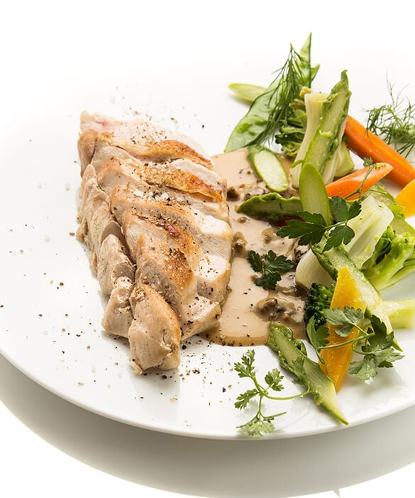 Recipe chicken with morel mushrooms and seasonal green asparagus